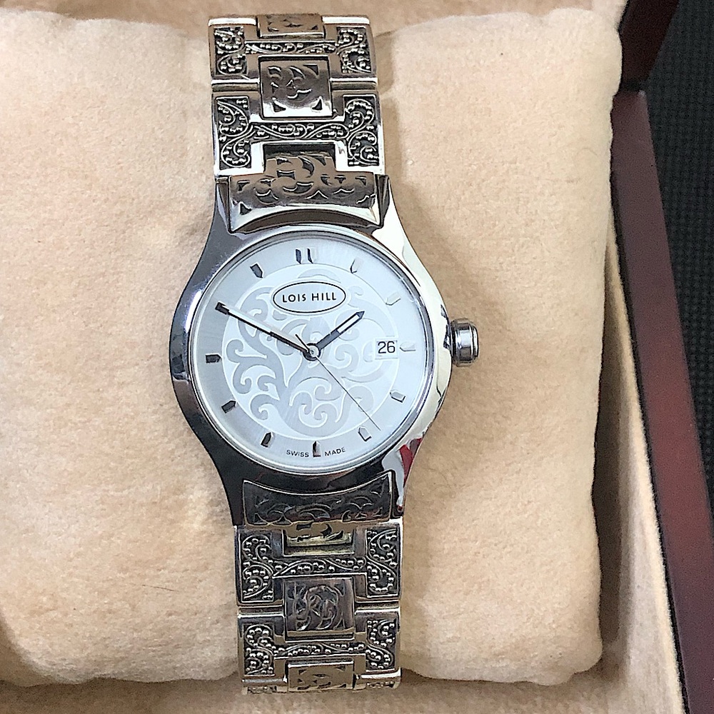 LOIS HILL Sterling Silver Large White Scroll Face Alternating Links Swiss Watch